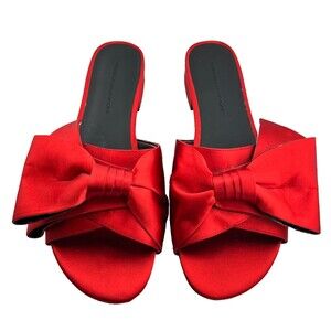 REBECCA MINKOFF Calista Big Red Bow Slides Sandals Womens 7.5 Leather Satin Flat